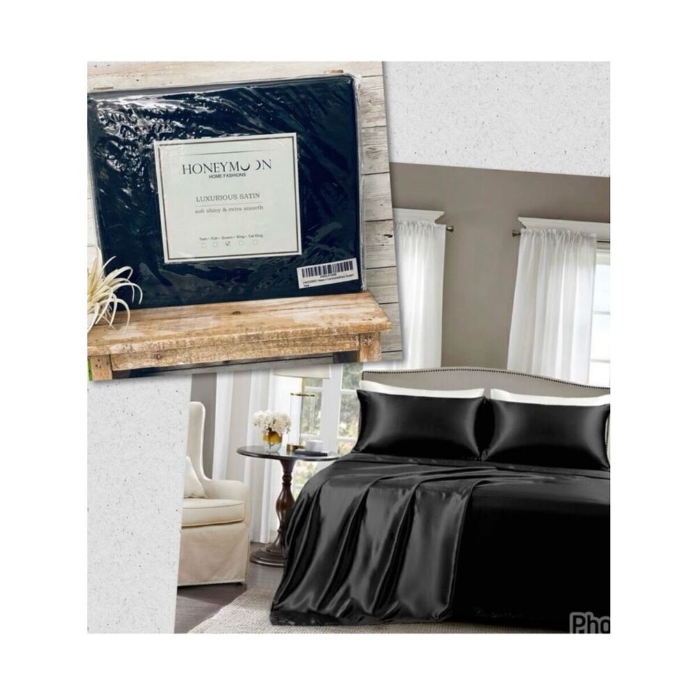 NWT Gorgeous Honeymoon Queen Black Luxury Soft Shiny Smooth Satin 4 pc Sheet Set